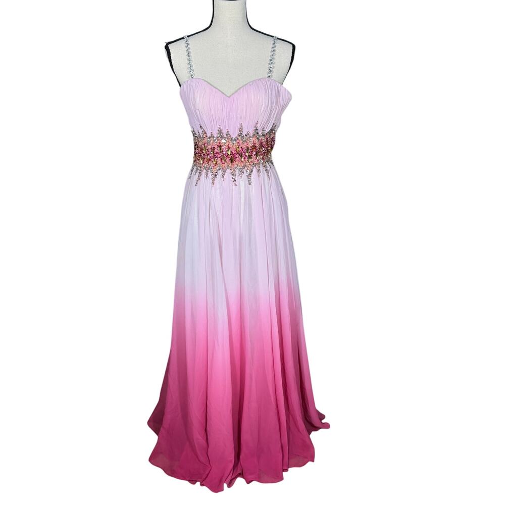 Sean Couture Beaded Gem Waist Ombre Pink Chiffon Maxi Dress Prom Gown Women's 4